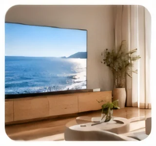 바다가 보이는 거실 벽에 걸린 TV